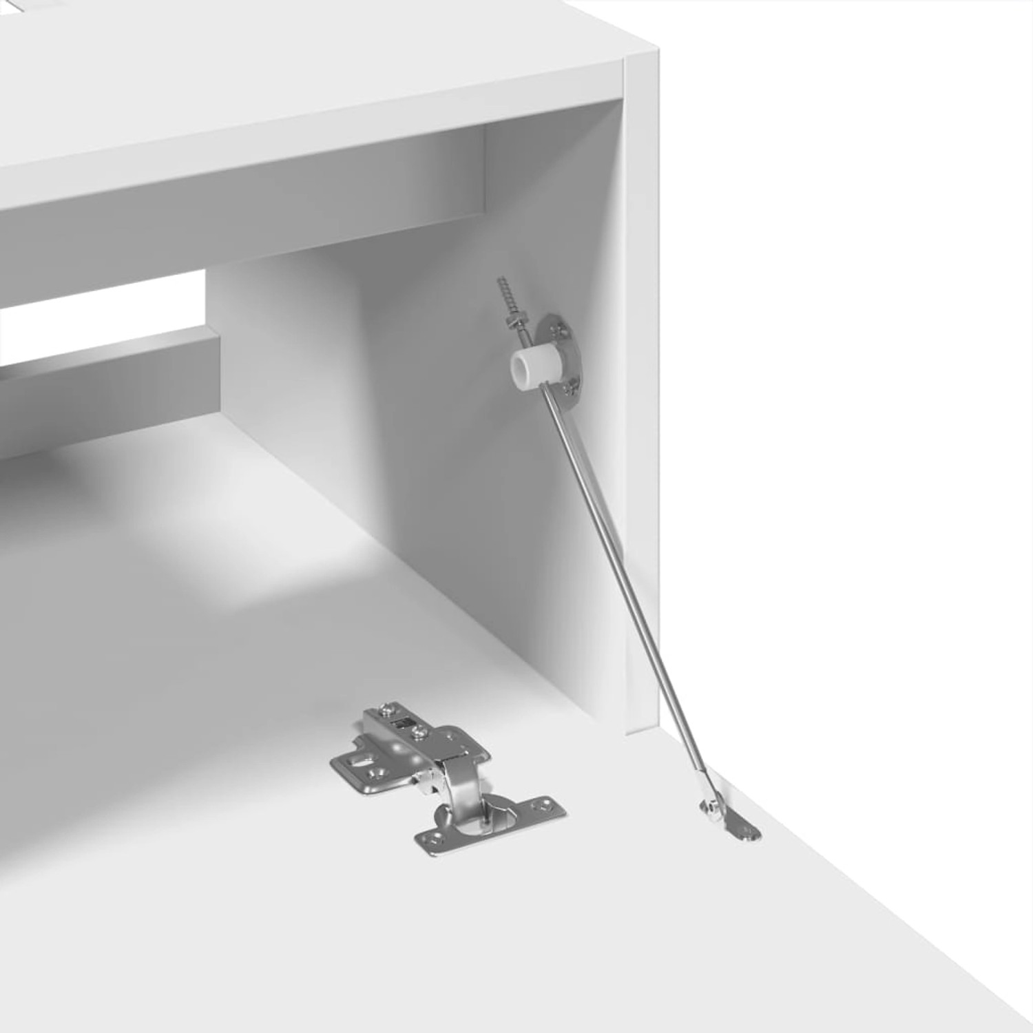 Detailaufnahme: Weißer Waschbeckenunterschrank (vidaXL) mit Beschlägen und Dämpfer.