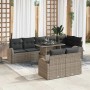 Graues 9-teiliges vidaXL Garten-Sofa-Set aus Poly Rattan mit Tisch und Auflagen.