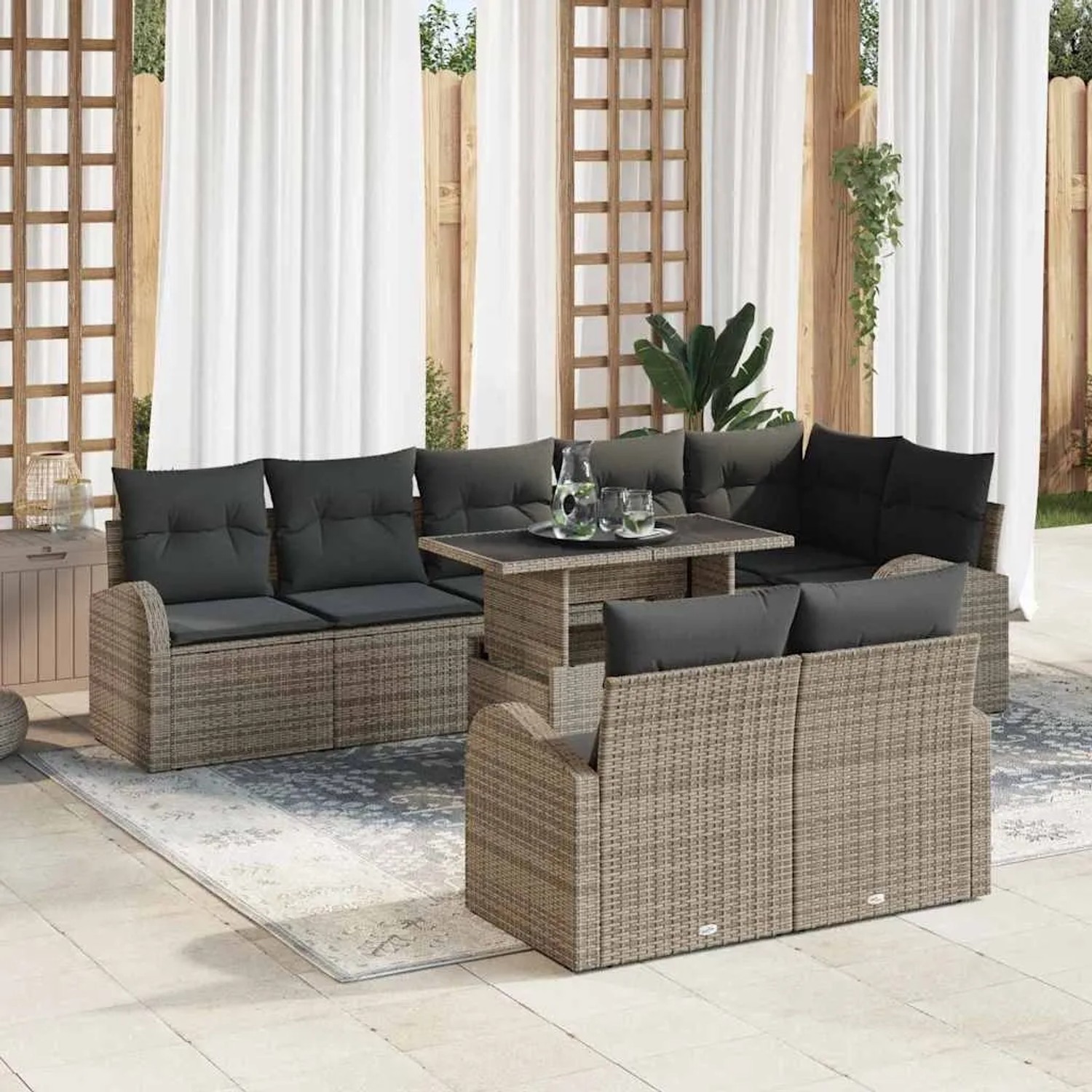 Graues 9-teiliges vidaXL Garten-Sofa-Set aus Poly Rattan mit Tisch und Auflagen.