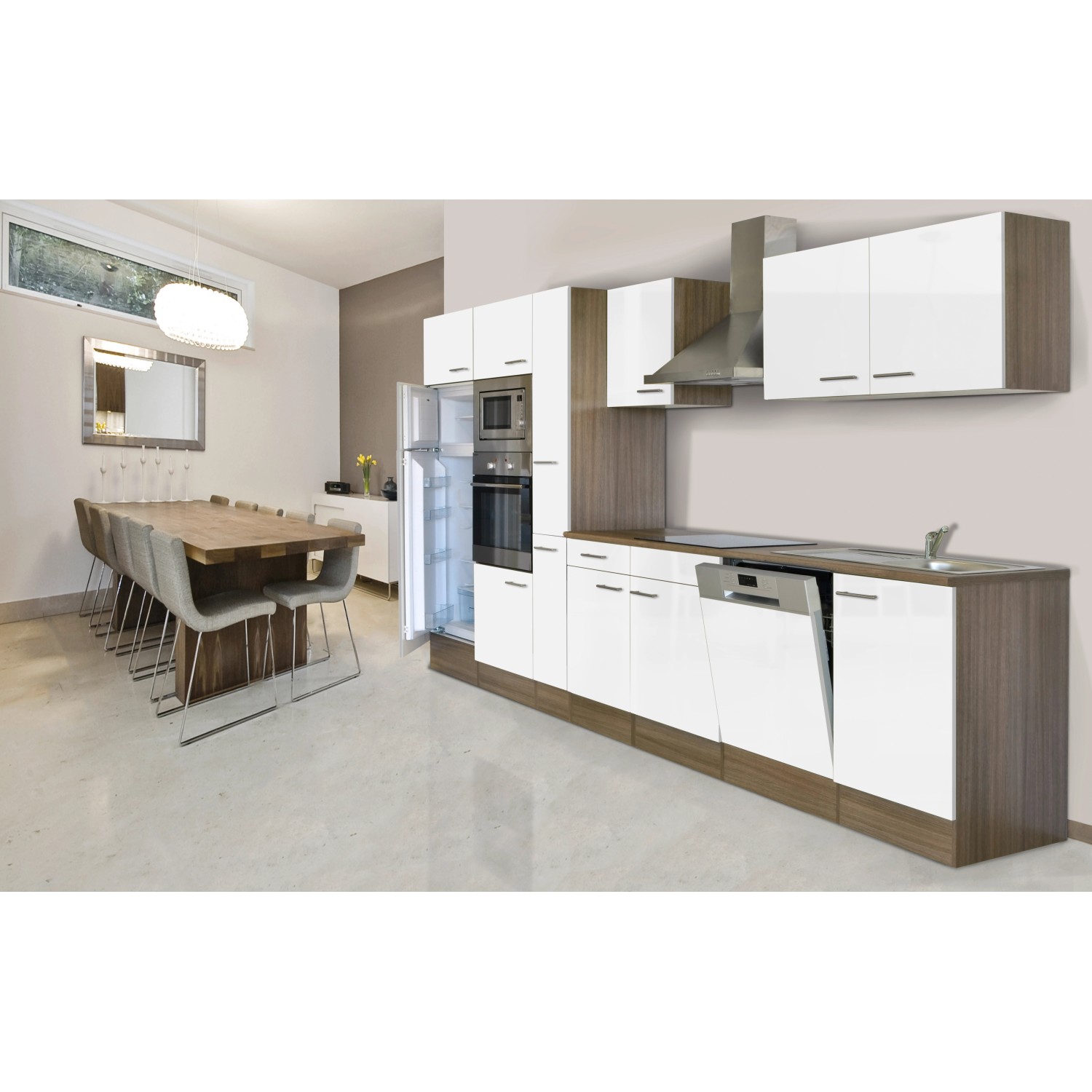 Respekta Küchenzeile KB370EYWMIGKE, 370 cm, Weiß Seidenglanz/Eiche York Nachbildung, mit E-Geräten.