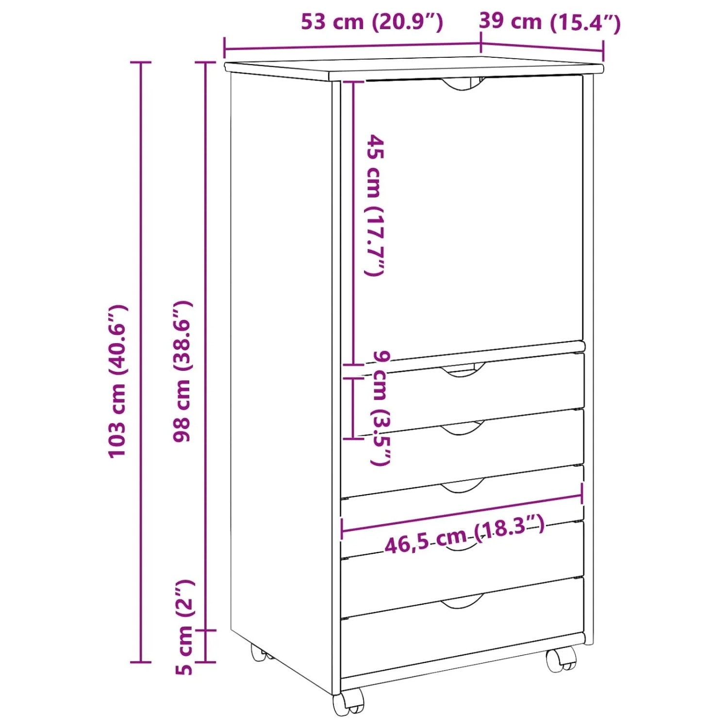 vidaXL Rollschrank Mit Rad Braun 53 x 39 x 103 cm Massivholz Kiefer 42032395_9