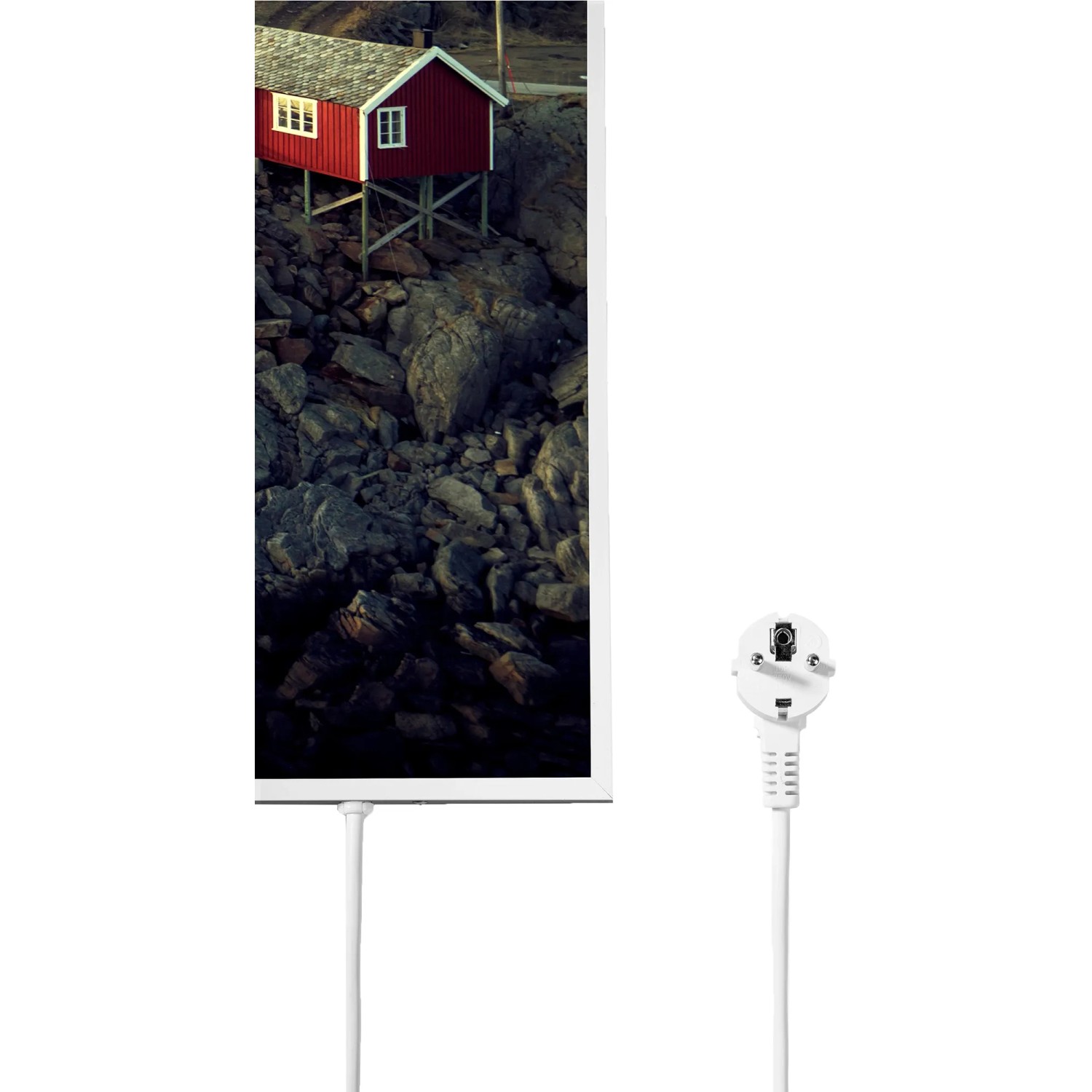 Könighaus Infrarotheizung mit Norwegen-Motiv, 60x100 cm, 600W. Elektrische Heizung mit roter Hütte auf Felsen.