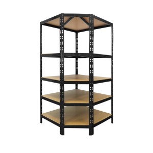 Schwarzes KARAT Eckregal mit 5 Böden, ideal zur Raumnutzung und hoher Traglast.