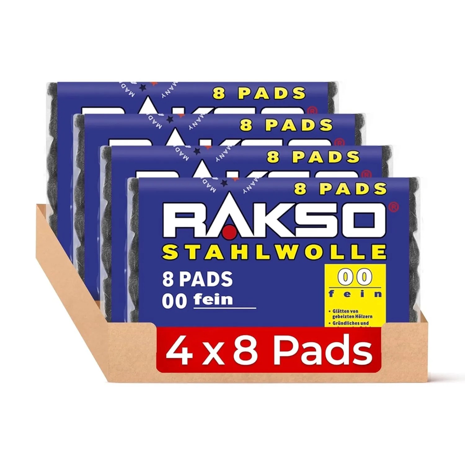 RAKSO Stahlwolle Pads Sorte 00 Fein 4 x 8 Stück