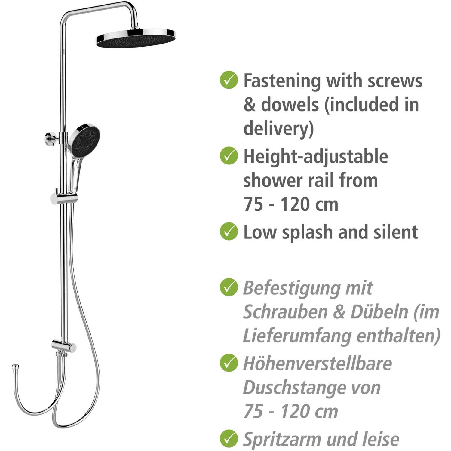 Wenko Duschsystem Softwater Chrom: Duschkopf, Handbrause und höhenverstellbare Stange aus Edelstahl.