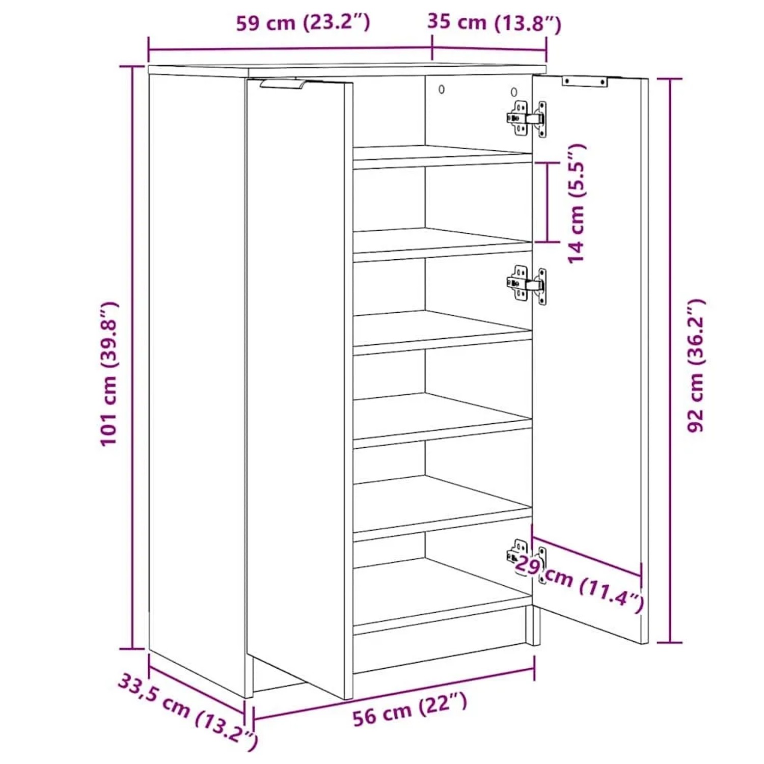 vidaXL Schuhschrank, schwarz, Eichen-Optik, mit Regalböden und geöffneter Tür, Maße 59x35x100 cm.
