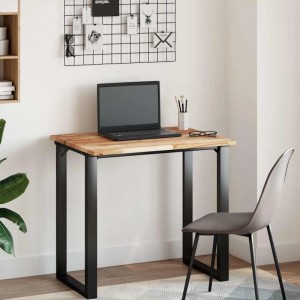 Rechteckige Tischplatte aus massivem Akazienholz, 100x60 cm, als Schreibtisch mit schwarzem Gestell.