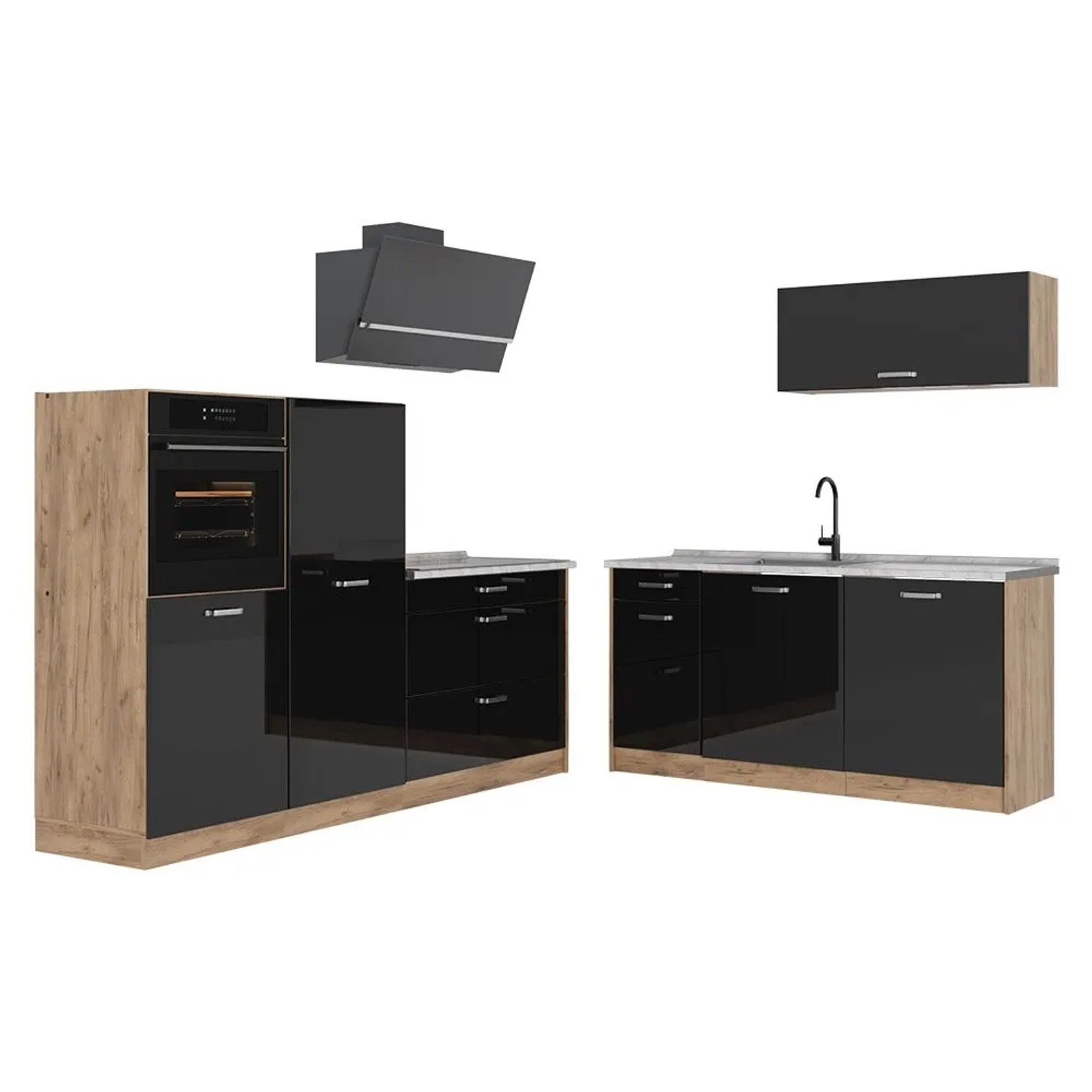 Vicco Küchenzeile R-Line Schwarz Hochglanz/Goldkraft Eiche 220 x 143 Arbeitsplatte Marmor Art Nr 66324