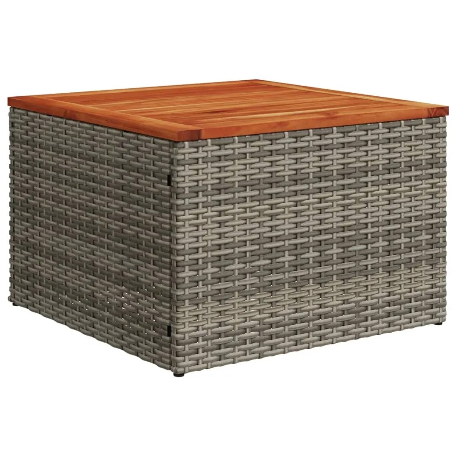 Gartentisch aus grauem Polyrattan mit Akazienholzplatte, Teil der vidaXL Garten-Sofagarnitur.