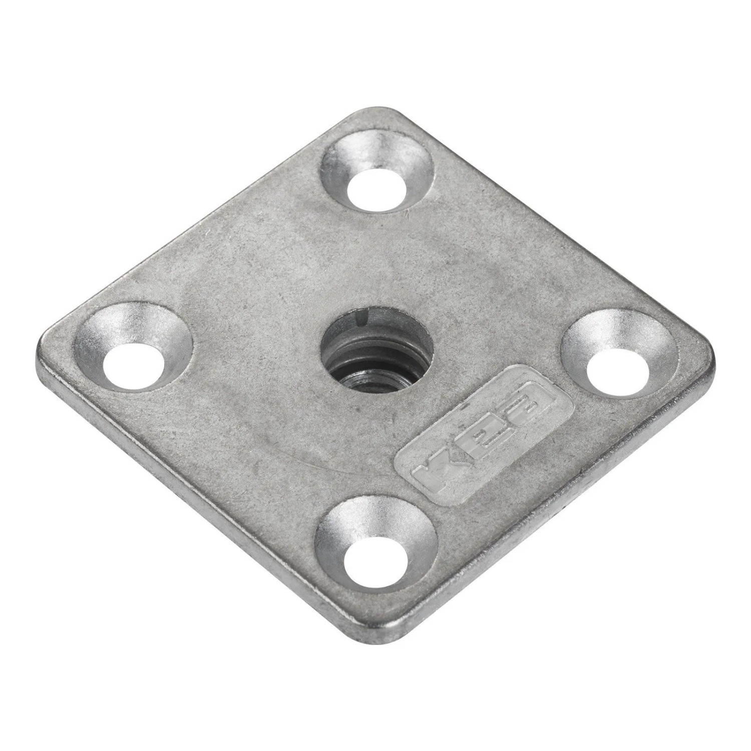 SOTECH KEA Tischbeinverbinder, eckige Metallplatte mit M8 Innengewinde und vier Schraublöchern.