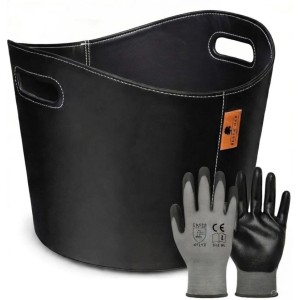 BLACK OAK Holzkorb DAKOTA L 40L mit Handschuhen – Kaminholzkorb aus Kunstleder für Innenbereich Stabil & Elegant in Schwarz