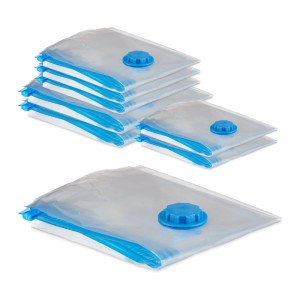 Relaxdays Vakuumbeutel 8er Set, transparente Kunststoffbeutel mit blauem Ventil zur platzsparenden Aufbewahrung.