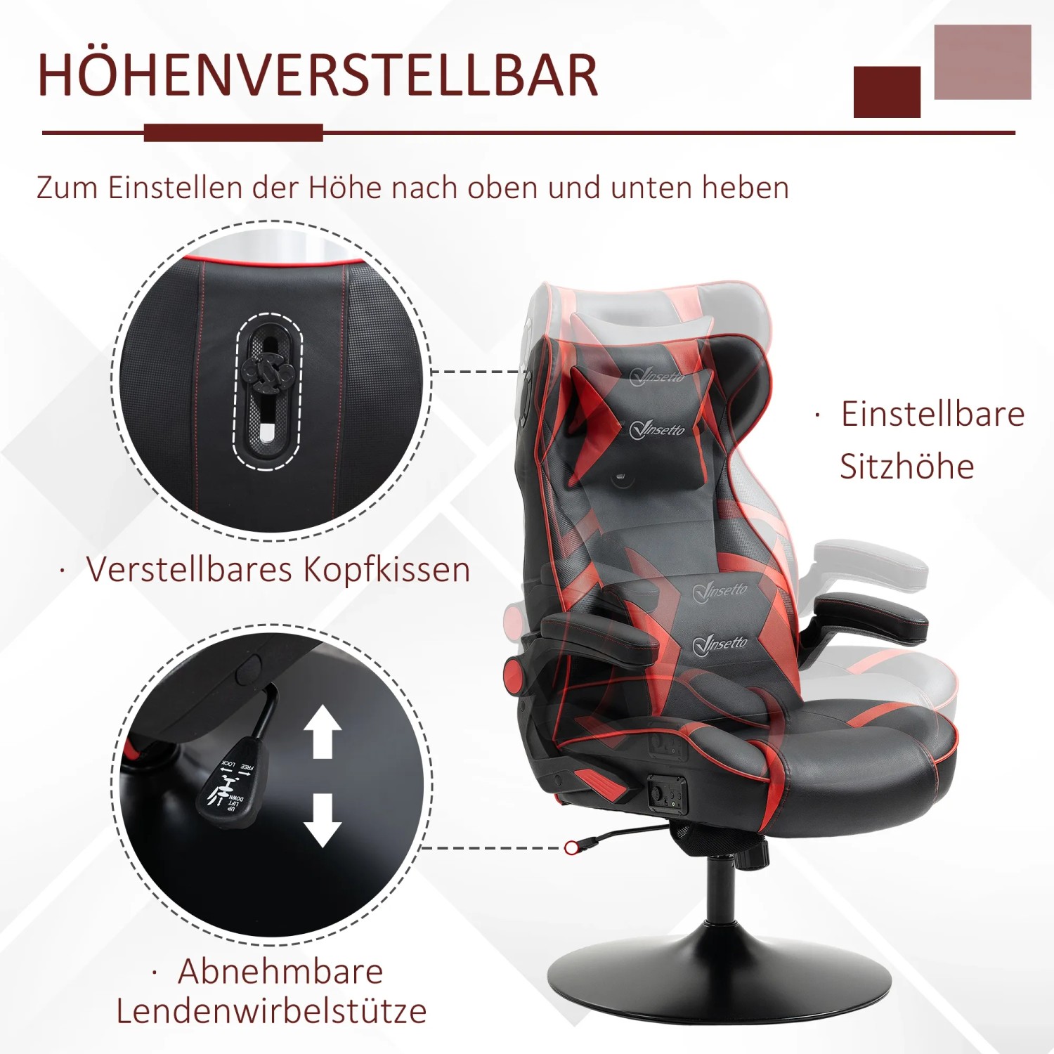 Vinsetto Gaming Stuhl, schwarz-rot, mit verstellbarer Höhe, Kopfstütze und Lendenwirbelstütze.