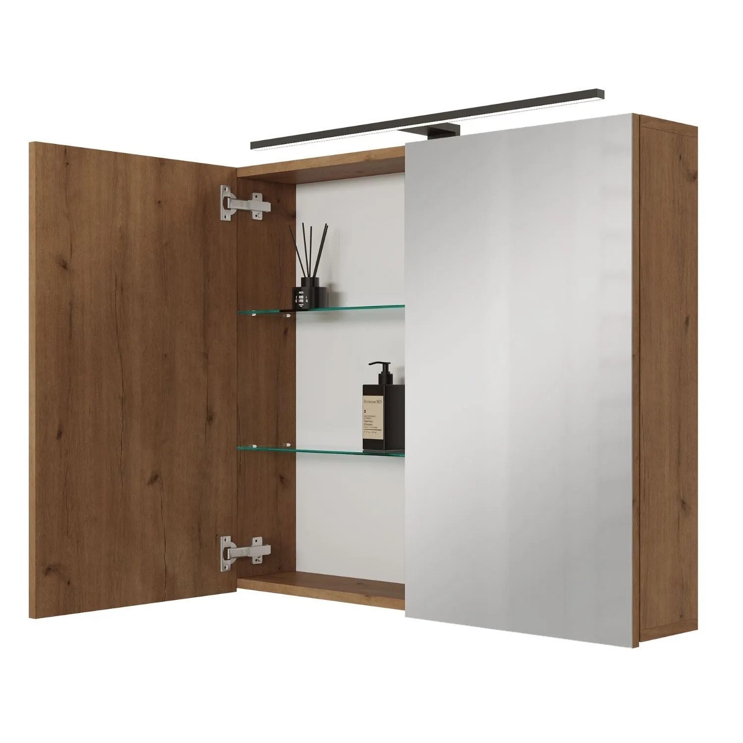 Planetmöbel ARIA Spiegelschrank 80 cm Gold Eiche mit LED Leuchte Schwarz Steckdosenbox 230 V