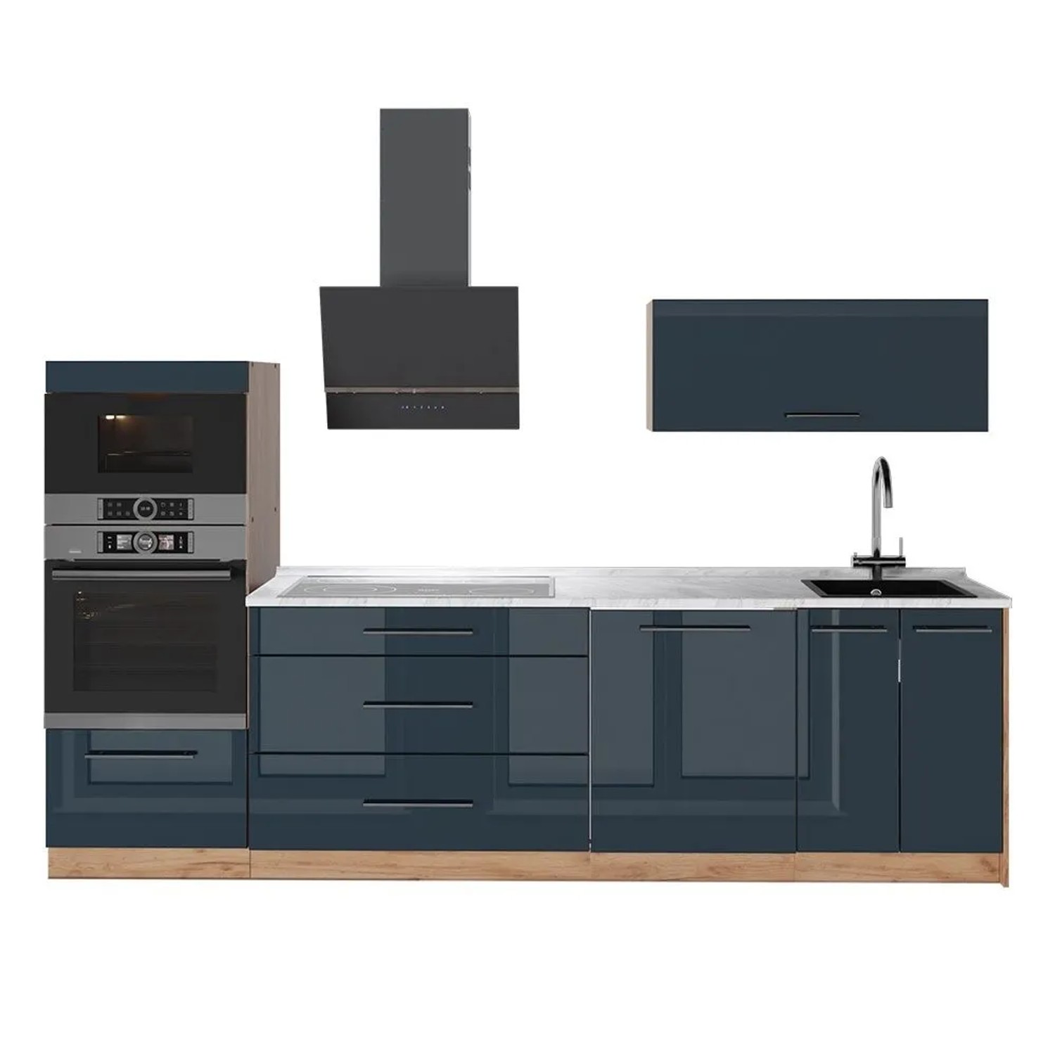 Vicco Küchenzeile Fame-Line Dunkelblau Hochglanz/Goldkraft Eiche 280 x 154 AP Marmor Art Nr 65760
