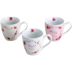 Boltze Jumbobecher Elsie, 3-fach sortiert, mit Blumenmuster und Schriftzug.