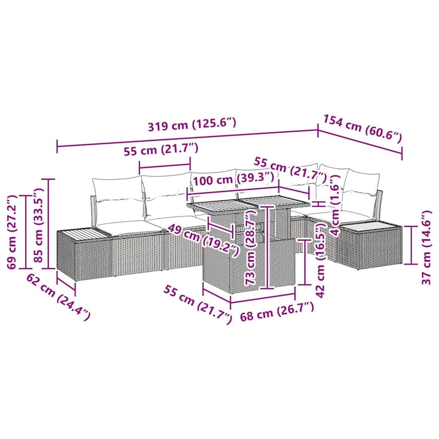 vidaXL Garten-Sofa-Set 7-tlg grau Poly Rattan mit Maßen für Planung