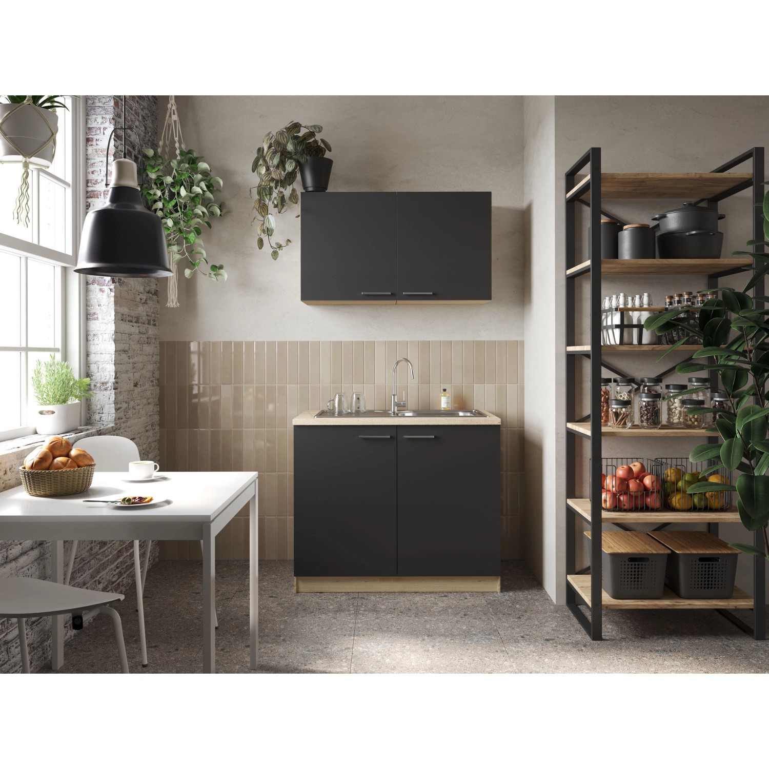 Respekta Küchenmöbel-Set Merle 100 cm Schwarz mit Spüle und Oberschränken.