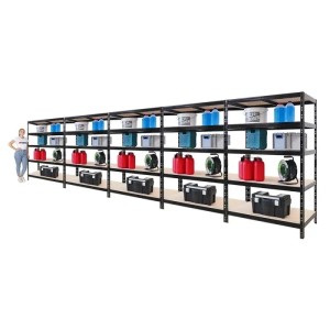 PROREGAL Mega Deal: 5 schwarze Schwerlastregale (180x120x60cm) mit je 265kg Fachlast, beladen mit Werkzeug.