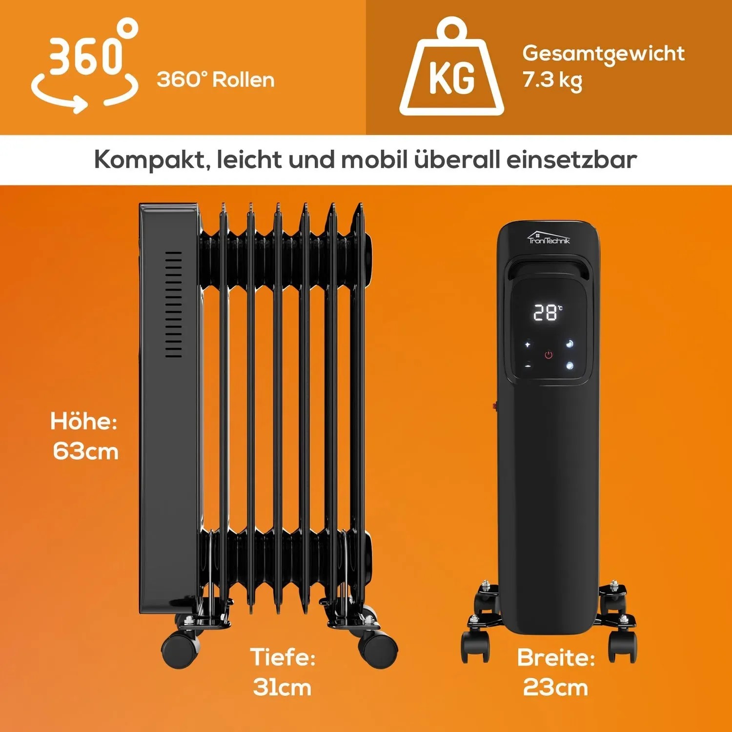 Schwarzer TroniTechnik Ölradiator TT OR 307 mit 7 Rippen, 1500W, WiFi und Rollen. Elektrisches Heizgerät.
