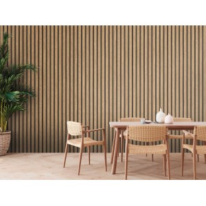 Helle Holzpaneel-Tapete in 3D Optik als Wandgestaltung im Wohnzimmer.