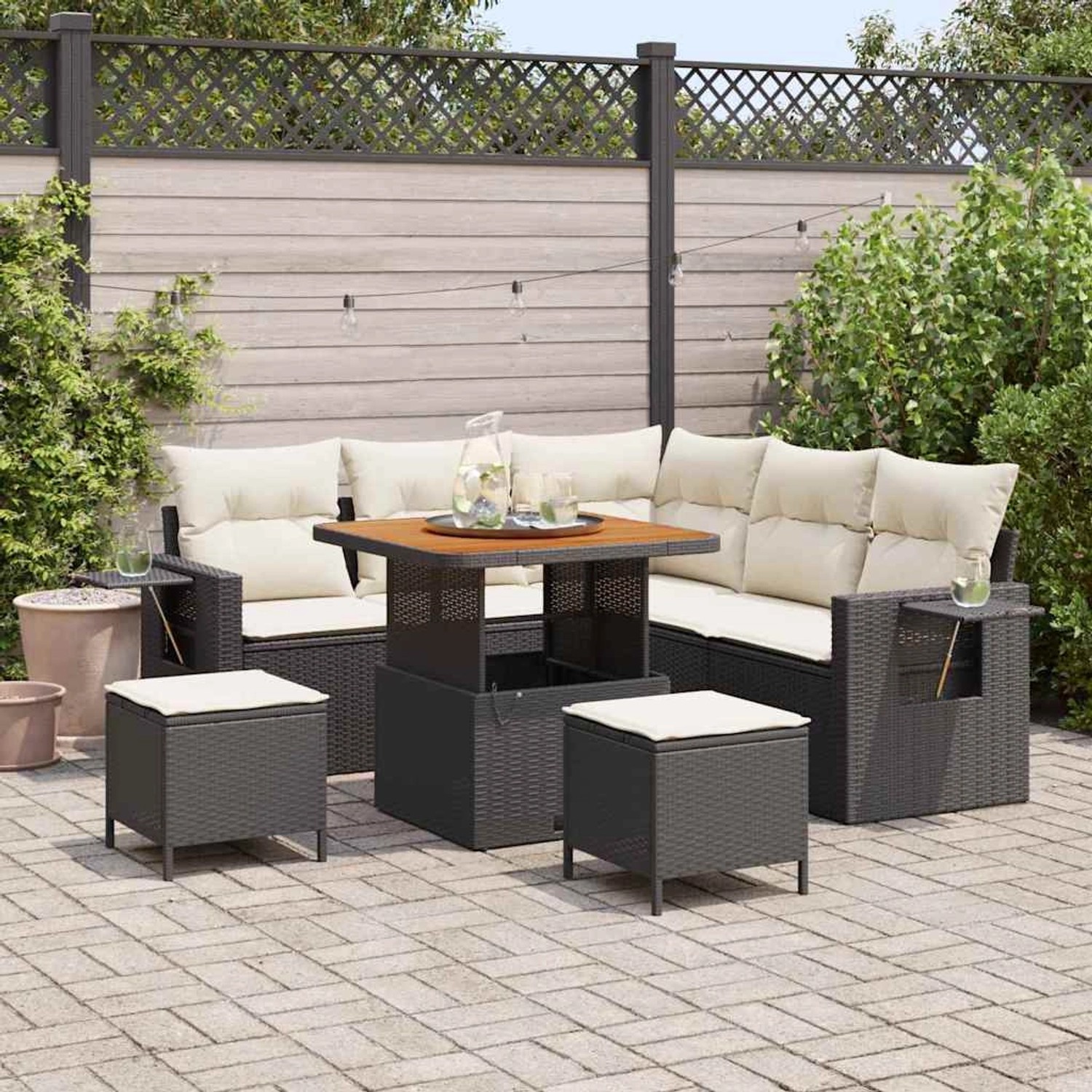 vidaXL Garten-Sofa-Set, 8-teilig, schwarz, Poly Rattan, mit Tisch und Hockern.