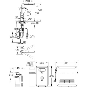 Technische Zeichnung Grohe Blue Professional Supersteel L-Auslauf Set mit Maßen für Einhebelmischer, Kühler und Filter.