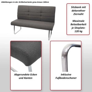 Grau-braune Polsterbank 160cm mit Ziernaht, abgerundeten Kanten und Edelstahlfüßen. Ideal für Esszimmer-Set.