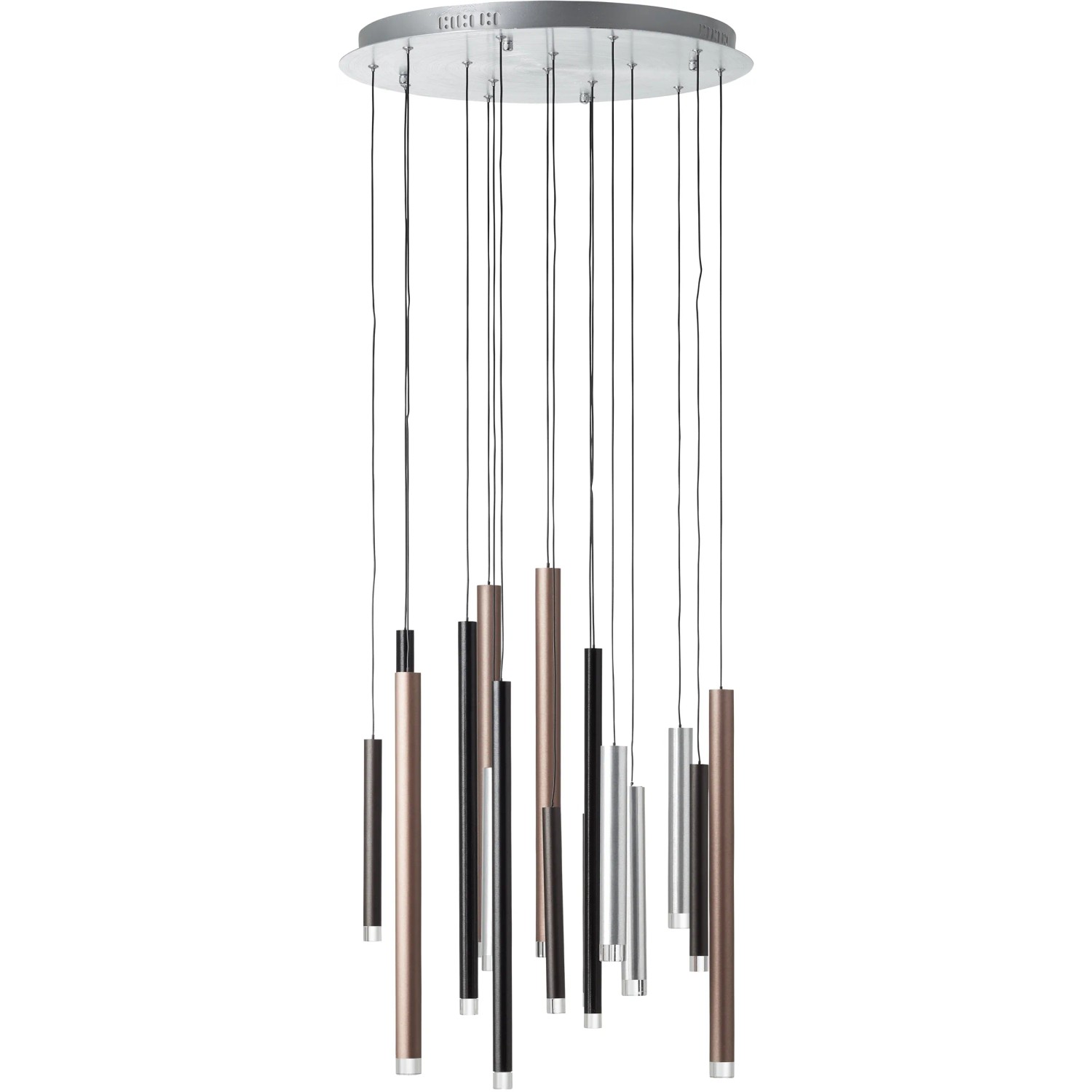 Moderne 16-flammige LED-Pendelleuchte Cembalo in Aluminium, Schwarz und Braun für den Innenbereich.