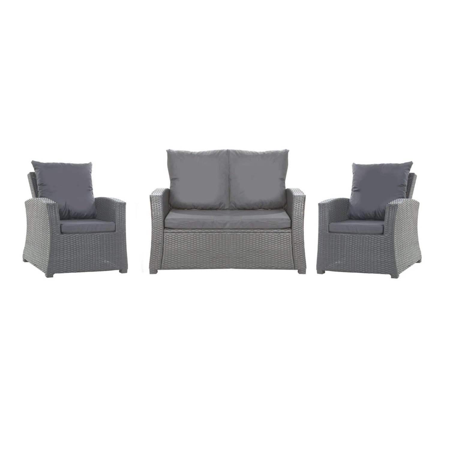 Anthrazitfarbenes Gartenloungekissen-Set für Technorattan-Möbel: Sofa und Sessel mit Polster.
