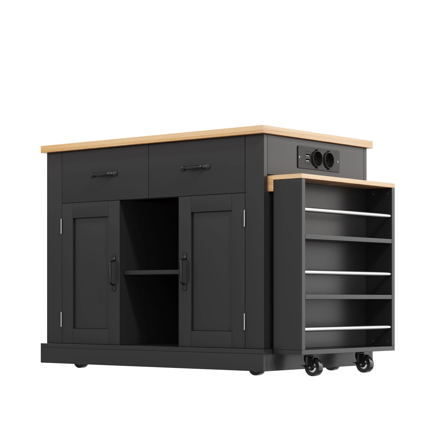 okwish Kücheninsel mit Ausziehbarem Esstisch Rollbar Regale Küche 132x60x93cm Schwarz