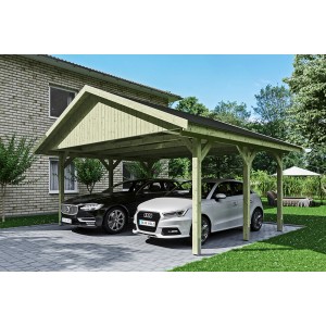 Satteldach-Carport Wallgau mit schwarzen Schindeln, bietet Platz für zwei Autos.
