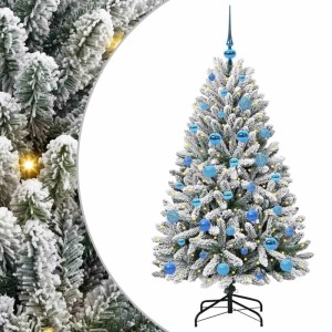 Geschmückter, künstlicher Weihnachtsbaum (150 cm) in Grün-Weiß mit blauen Kugeln und LED-Lichtern.