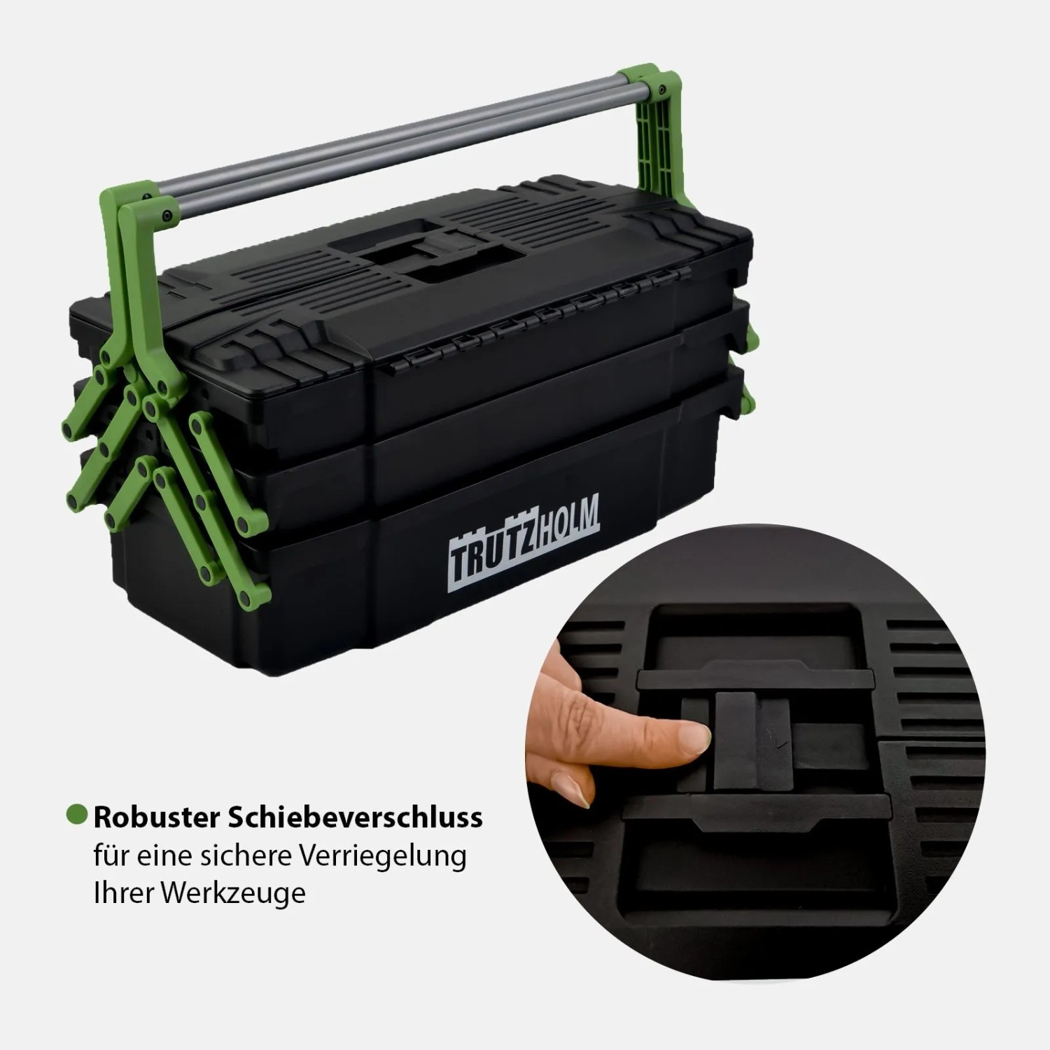 Schwarze TRUTZHOLM Werkzeugkiste aus Kunststoff mit Stahlgriffen und robustem Schiebeverschluss.