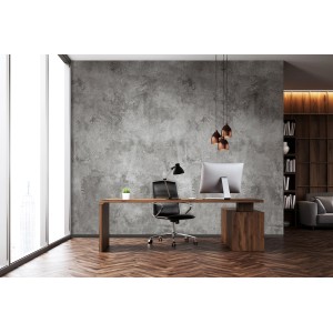 Modernes Büro mit grauer Marburg Fototapete Grafisch Blau und Holzmöbeln.