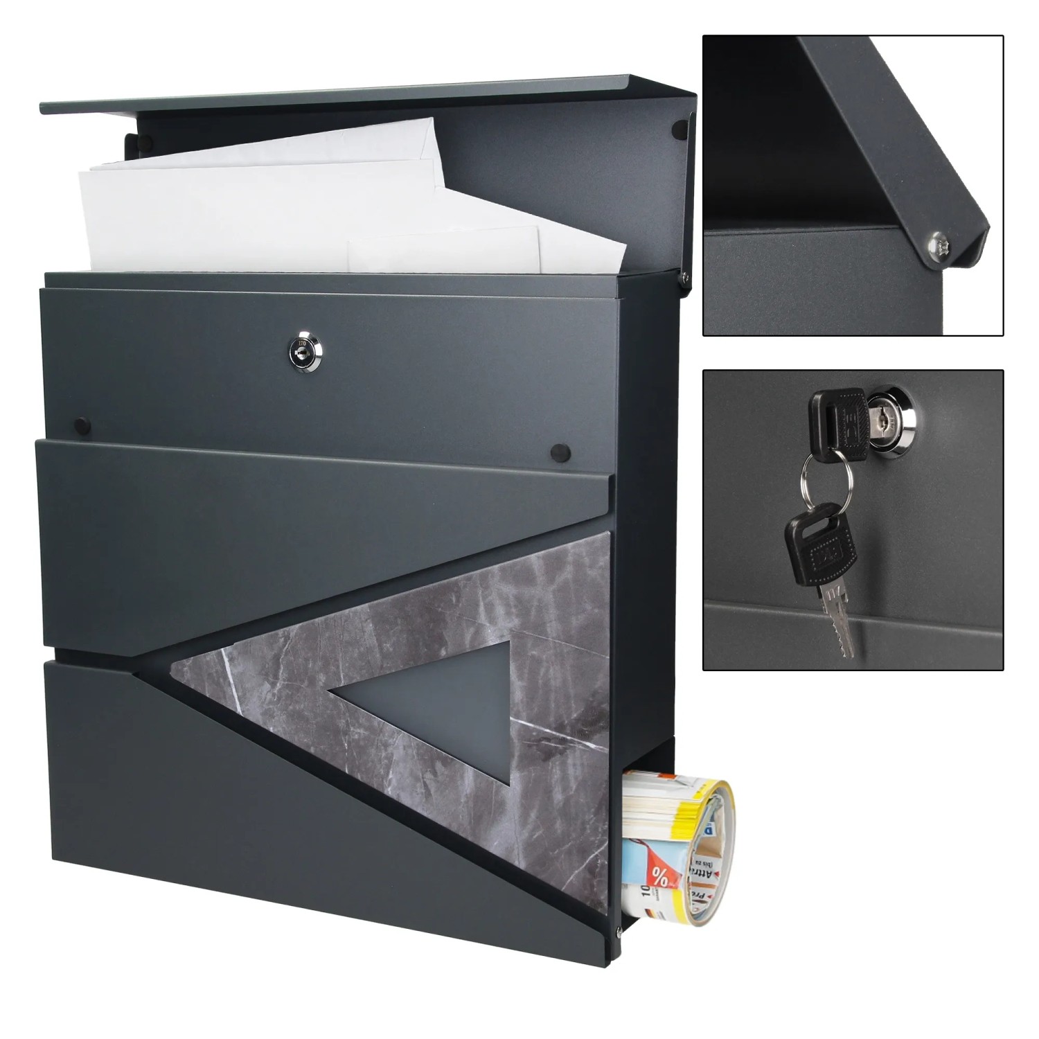 ML-Design Standbriefkasten mit Zeitungsfach und Pfosten, Edelstahl Silber, Detailansichten.