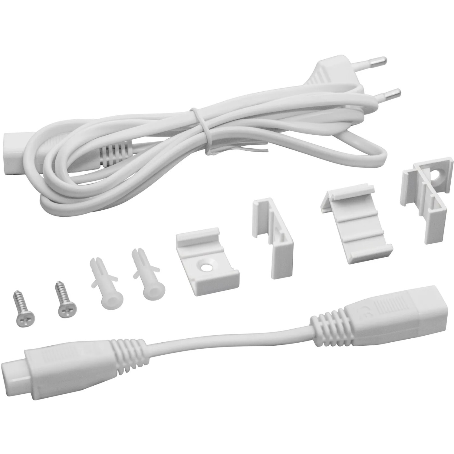 Zubehör für Ledvance LED-Lichtleiste: Kabel, Stecker, Halterungen und Schrauben.