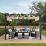 Weiße Sunjoy Pergola Giona aus Stahl mit beigem Stoffdach und Gartenmöbeln auf einer Holzterrasse.