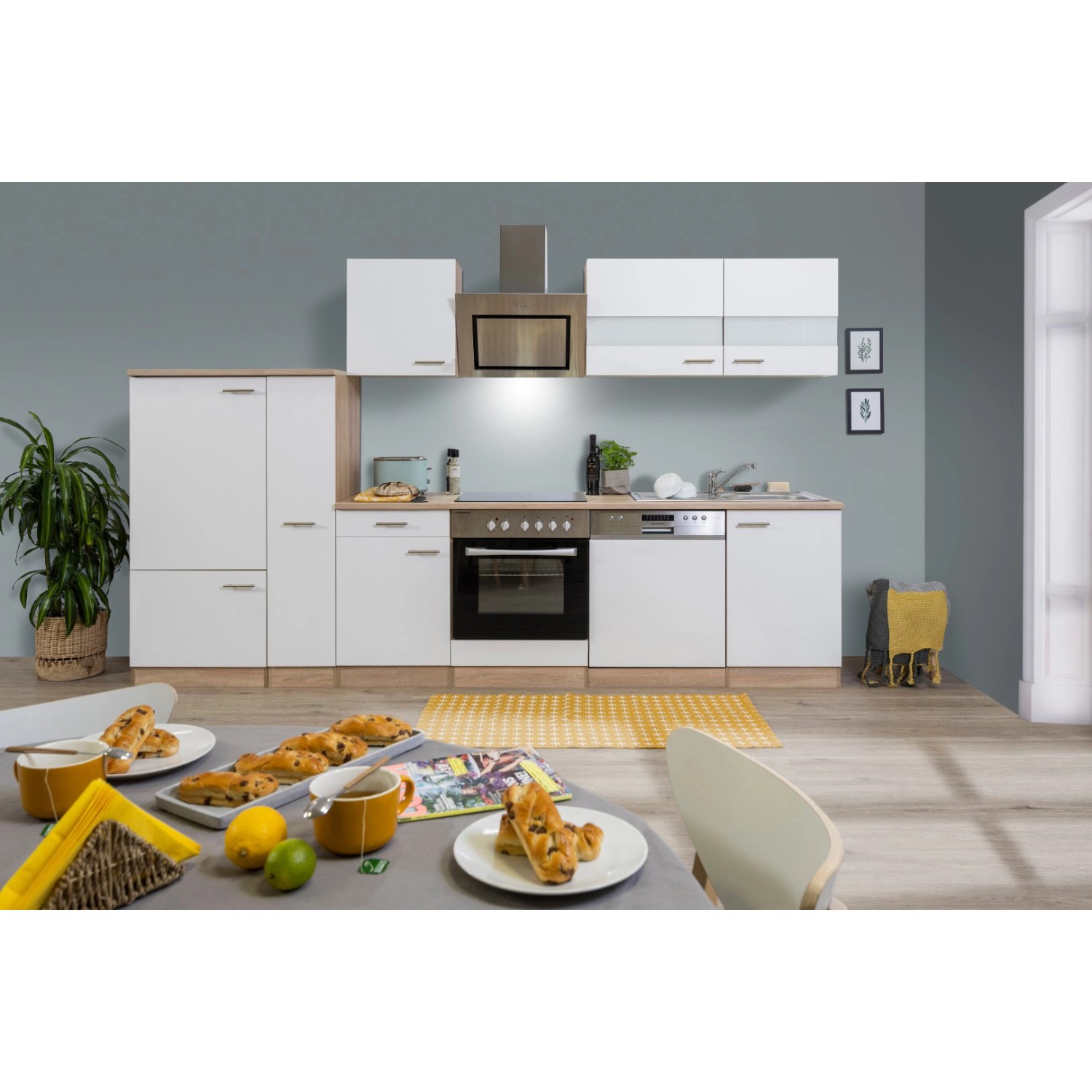 Respekta Economy Küchenzeile/Küchenblock KB310ESWSC 310 cm Weiß-Eiche Sägerau