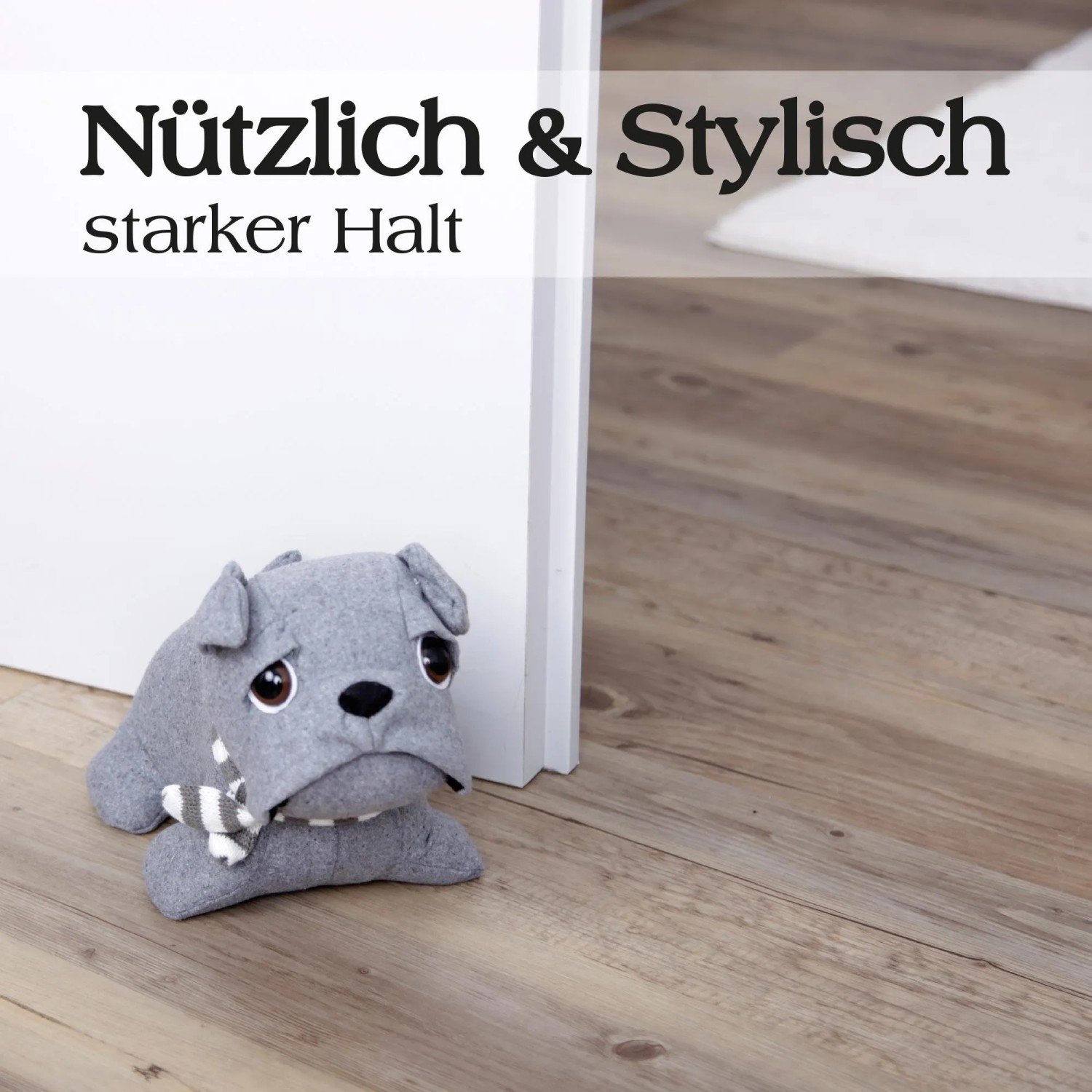Bestlivings Türstopper Mops Bulldogge, silberfarben, aus Stoff. Dekorativer Türhalter.