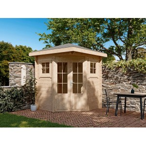 Fjordholz Gartenhaus Evelyn 1A, 5-Eck, farblos imprägniert, mit Doppeltür und Fenstern. Ideal als Gerätehaus oder Hobbyraum.
