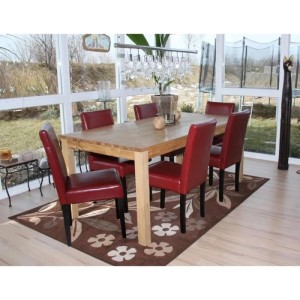 Roter Leder Esszimmerstuhl Littau mit dunklen Holzbeinen, gepolstert, modernes Design.