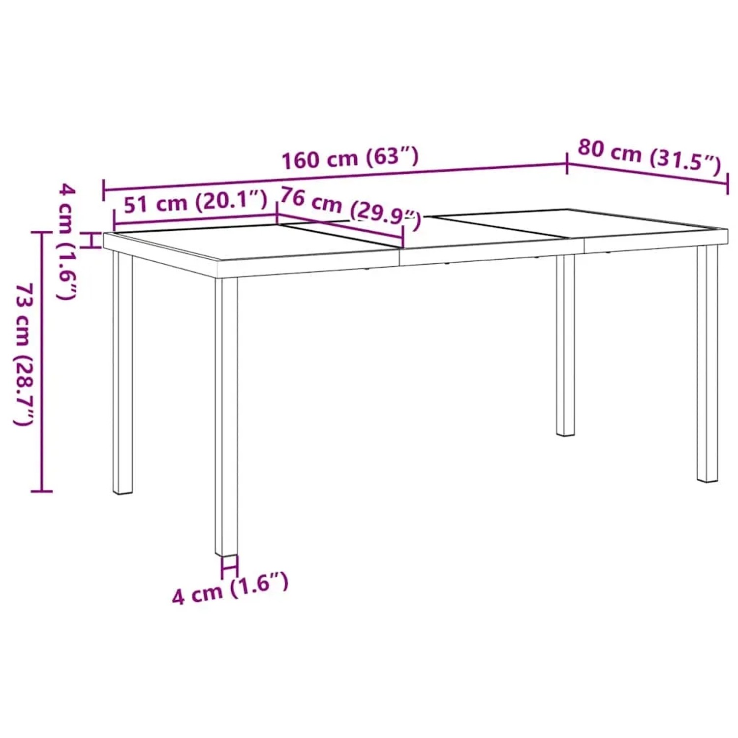 Skizze der vidaXL Garten Essgruppe, 160x80x73cm, zur Veranschaulichung der Abmessungen.