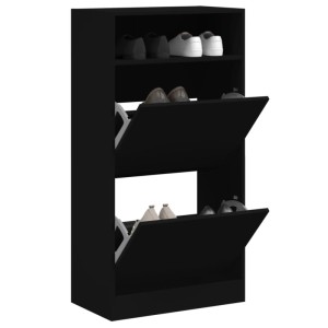 Schwarzer vidaXL Schuhschrank (60x34x116 cm) aus Holzwerkstoff mit zwei Schuhklappen und Ablage.