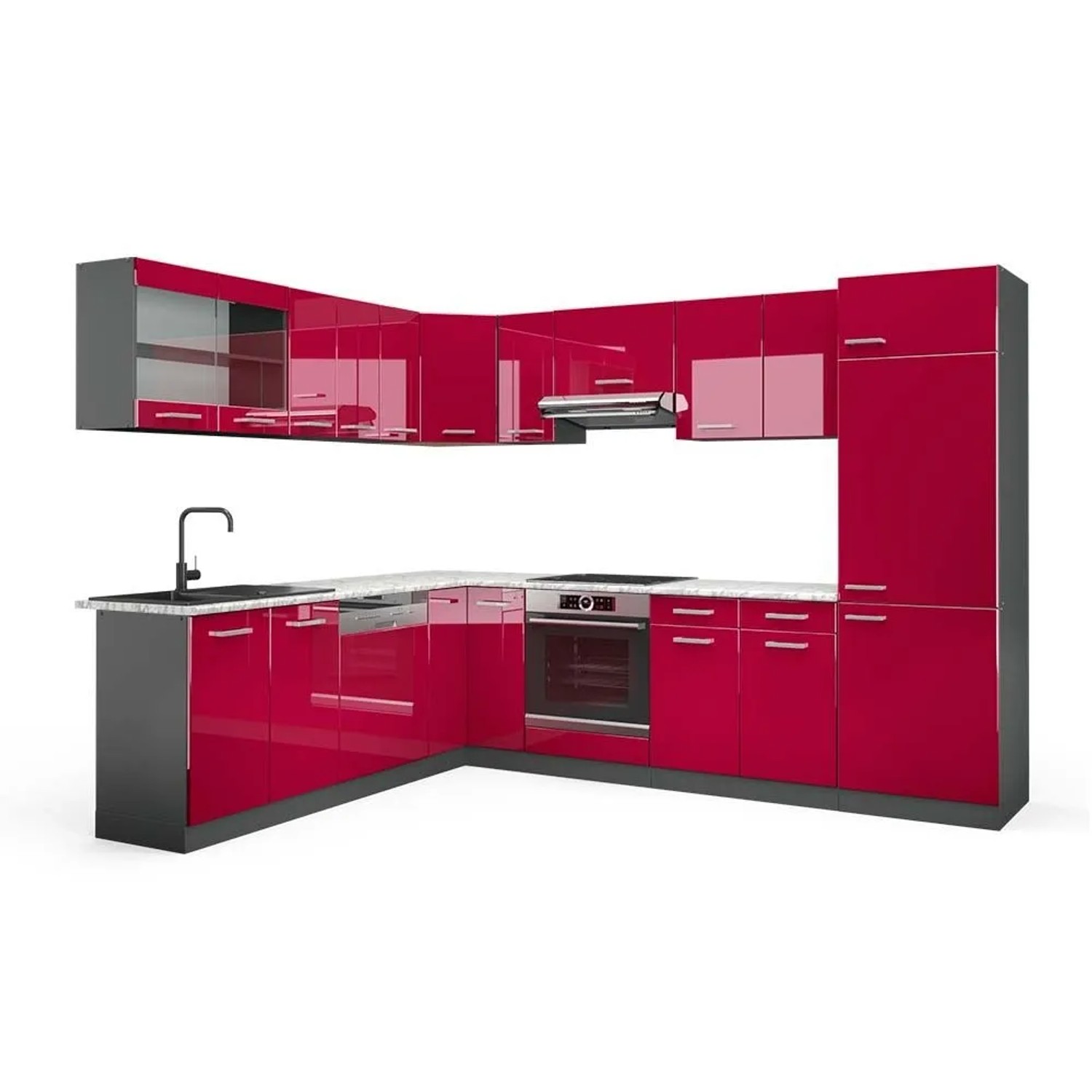 Vicco Eckküche R-Line Rot Hochglanz/Anthrazit 287 x 82, AP Marmor