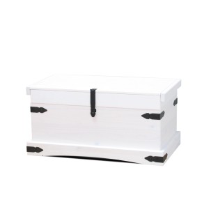 Weiße ebuy24 New Mexico Truhe aus Kiefernholz mit schwarzen Beschlägen. Kommode im Landhausstil.