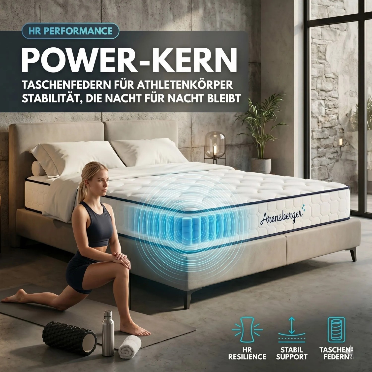 Arensberger Taschenfederkernmatratze Lena 140x200 cm im Schlafzimmer mit Sportlerin.