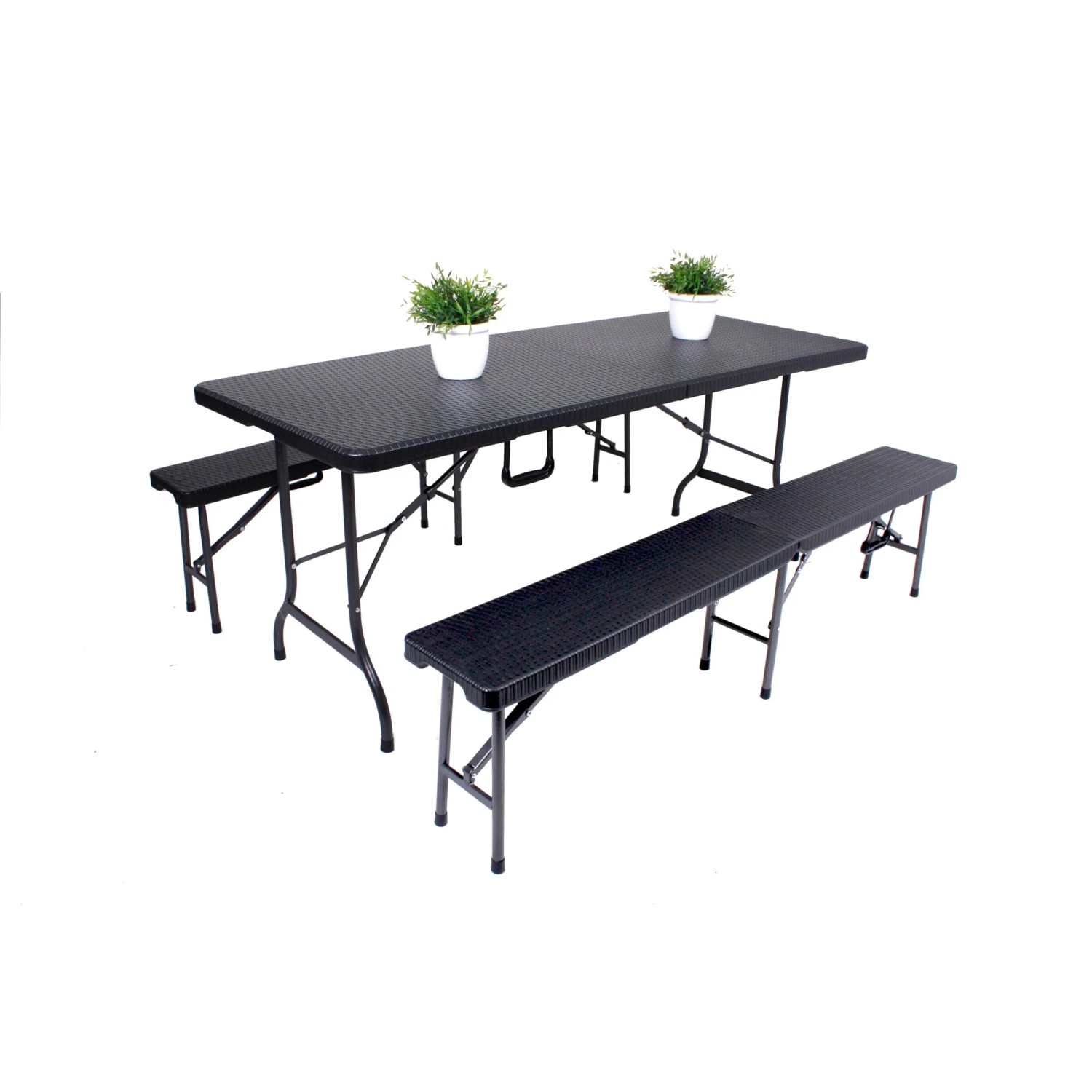 DELUKE Bierzeltgarnitur RITA 3-tlg Tisch & 2x Bank Schwarz Kunststoff Buffettisch Gartengarnitur Klapptisch Klappbank Gartentisch