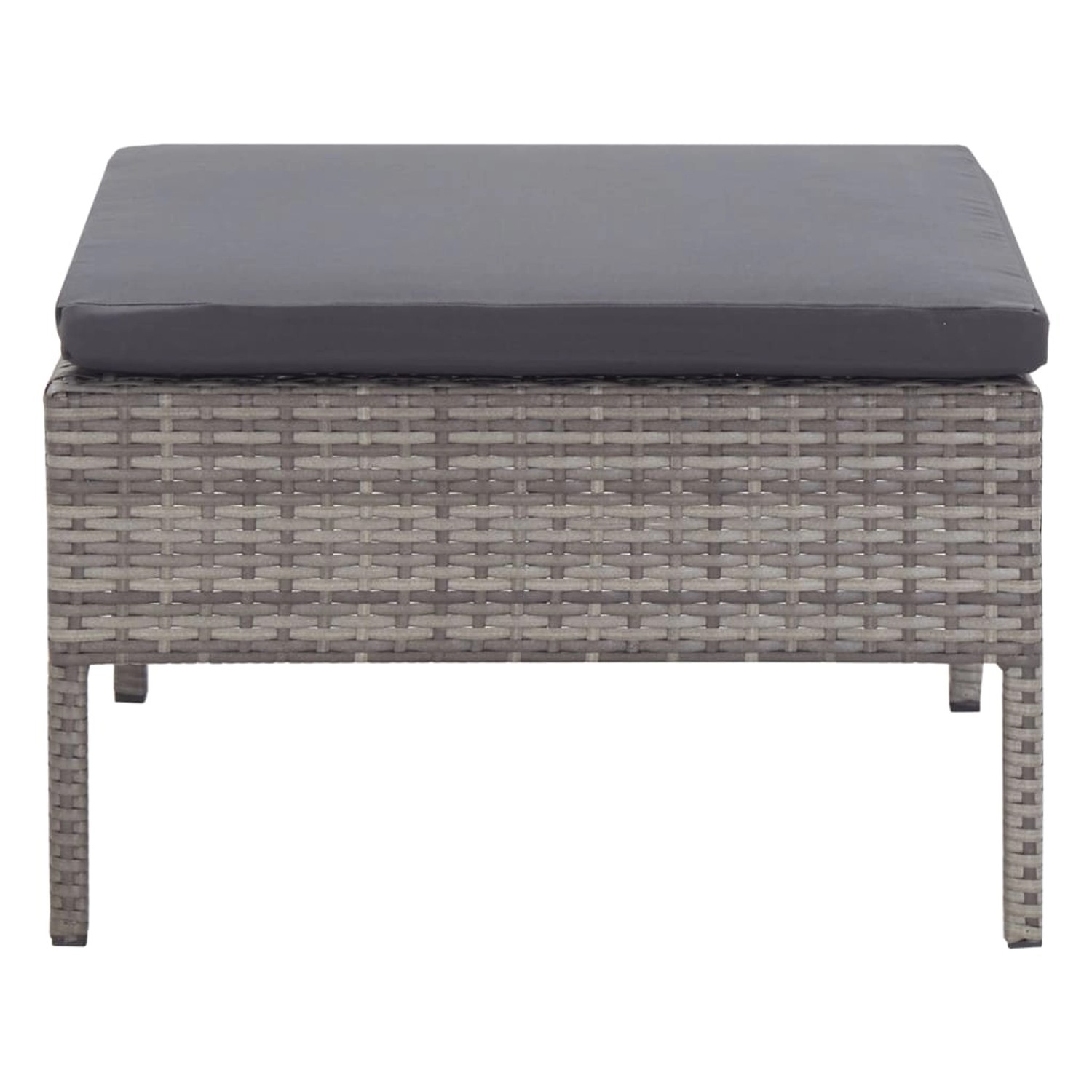 Fußhocker aus grauem Rattan mit anthrazitfarbenem Kissen, Teil des vidaXL Garten-Lounge-Sets.