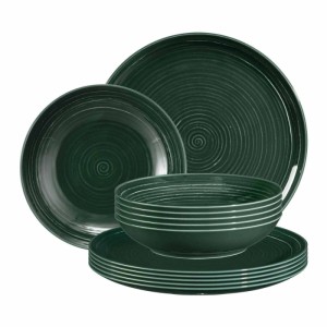 Seltmann Weiden Terra Tafelservice 12-teilig, moosgrün. Porzellan Geschirrset mit spiralförmigem Relief.